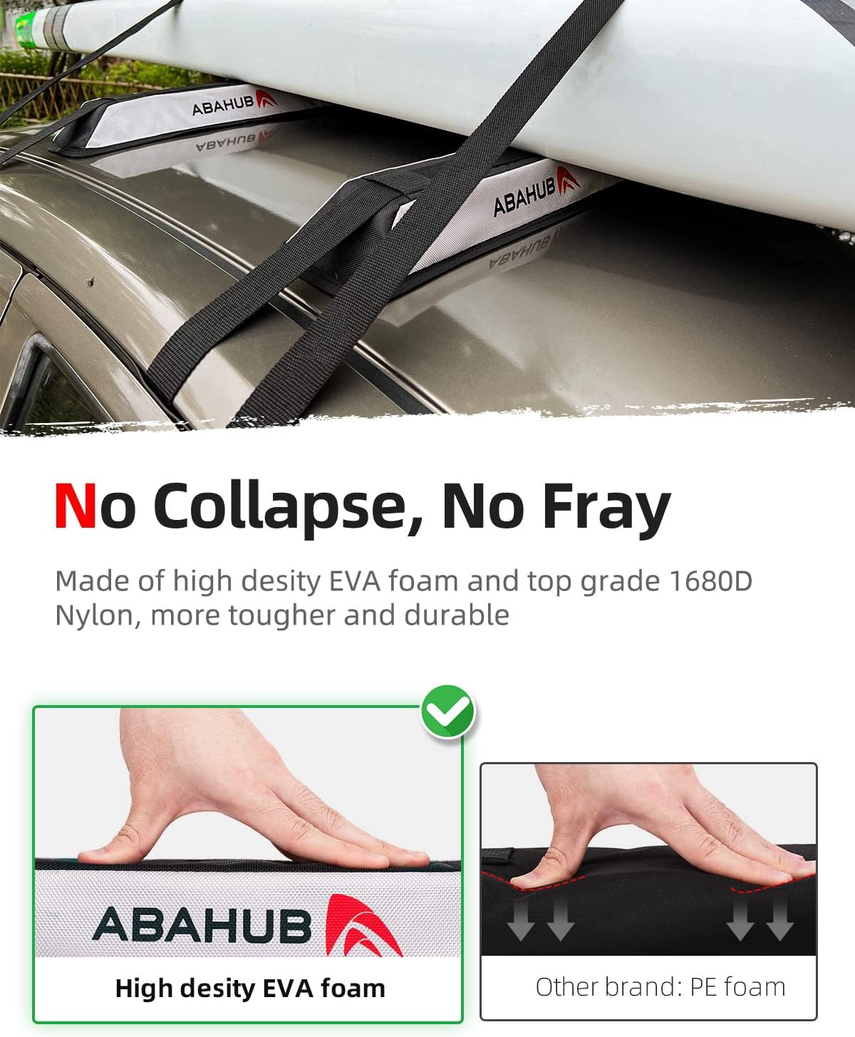 Abahub Soft Roof Rack Pads with 2 Tie Down Straps for Surfboard SUP Kayak Canoe Heavy Duty Universal Car Roof Racks System for Padle Boards Include 2 Tie Down Ropes 2 Hood Loops and Storage BagSoft Roof Rack Pad with Accessories
