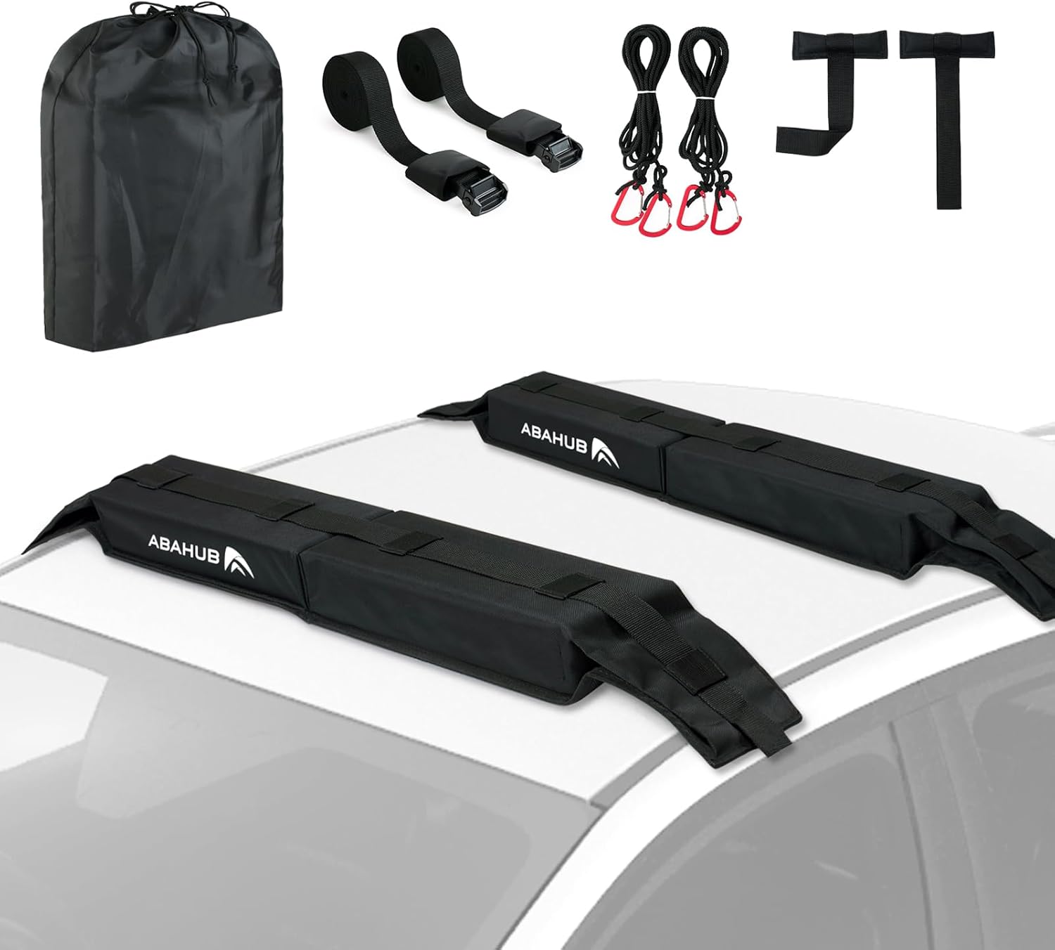Abahub Soft Roof Rack Pads with 2 Tie Down Straps for Surfboard SUP Kayak Canoe Heavy Duty Universal Car Roof Racks System for Padle Boards Include 2 Tie Down Ropes 2 Hood Loops and Storage BagSoft Roof Rack Pad with Accessories black
