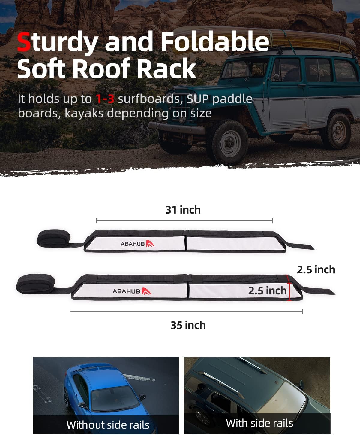 Abahub Soft Roof Rack Pads with 2 Tie Down Straps for Surfboard SUP Kayak Canoe Heavy Duty Universal Car Roof Racks System for Padle Boards Include 2 Tie Down Ropes 2 Hood Loops and Storage BagSoft Roof Rack Pad with Accessories
