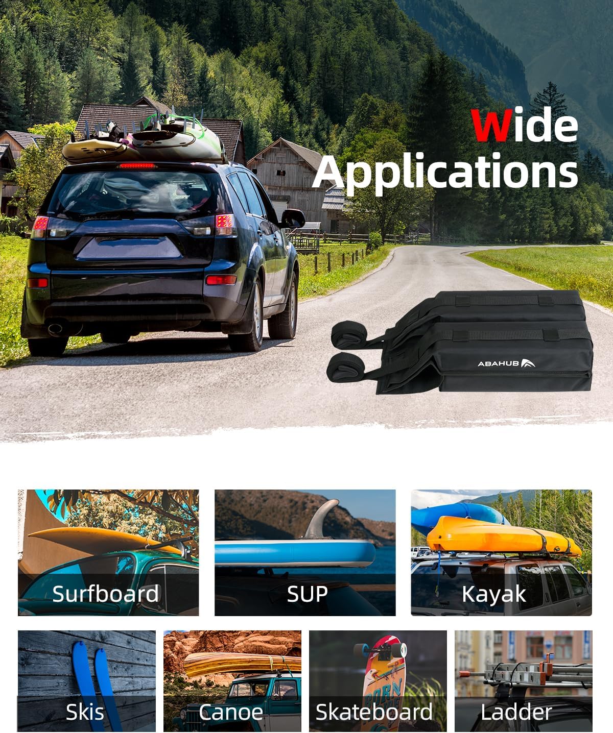 Abahub Soft Roof Rack Pads with 2 Tie Down Straps for Surfboard SUP Kayak Canoe Heavy Duty Universal Car Roof Racks System for Padle Boards Include 2 Tie Down Ropes 2 Hood Loops and Storage BagSoft Roof Rack Pad with Accessories black