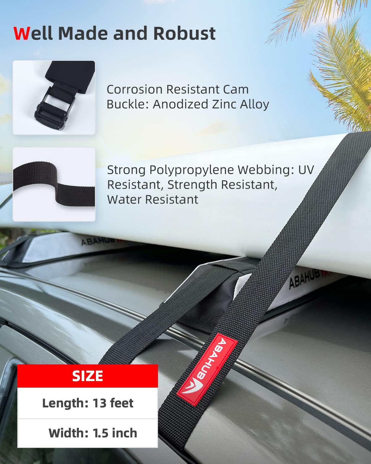 Abahub Soft Roof Rack Pads with 2 Tie Down Straps for Surfboard SUP Kayak Canoe Heavy Duty Universal Car Roof Racks System for Padle Boards Include 2 Tie Down Ropes 2 Hood Loops and Storage BagTie Downs 15 in x 13 ft