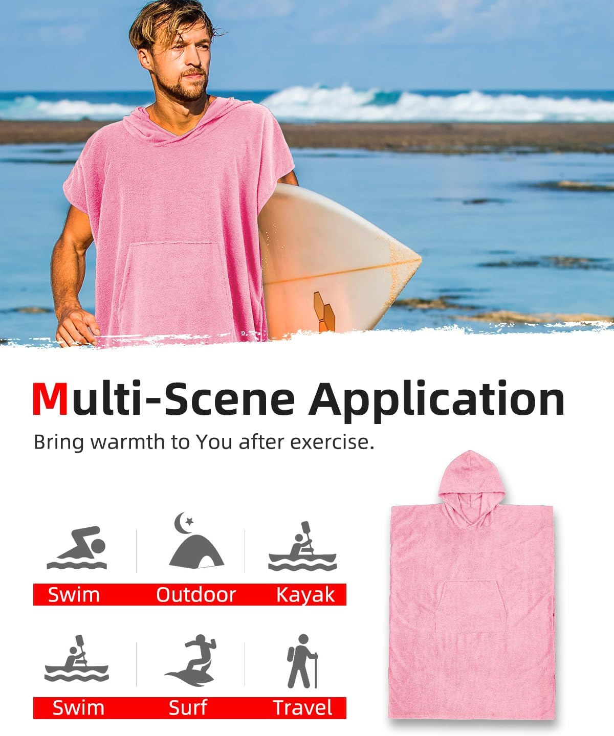 Abahub Surf Poncho Changing Robe with Hood Thick Quick Dry Microfiber Wetsuit Changing Towel for Surfing Beach Swim Outdoor Sports Men Women Absorbent Wearable Towel Cover UpSea BluePink