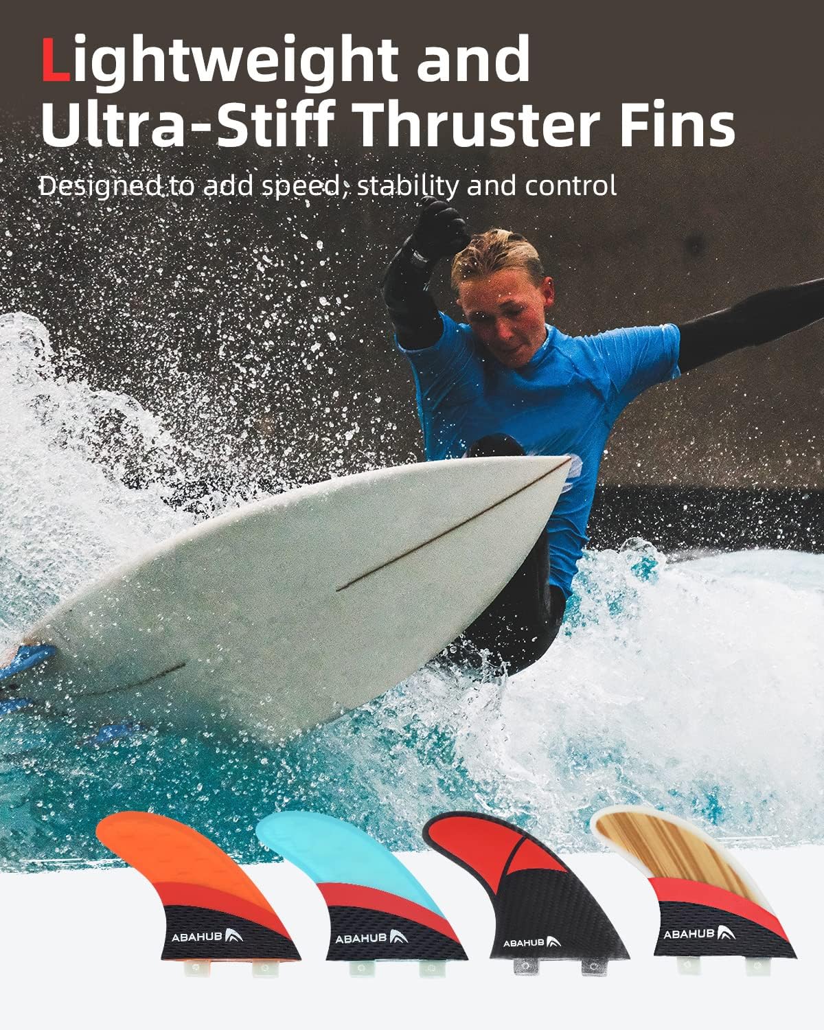 Abahub Surfboard Thruster Fins Set Compatible with FCS Style Fin Box Fiberglass Reinforced G5 Surf Fin 3 Fins for Surf Boards Surfing Longboard Shortboard with Screws and Key BlackBlueWhiteFiberglass with Teak Veneer without accessories