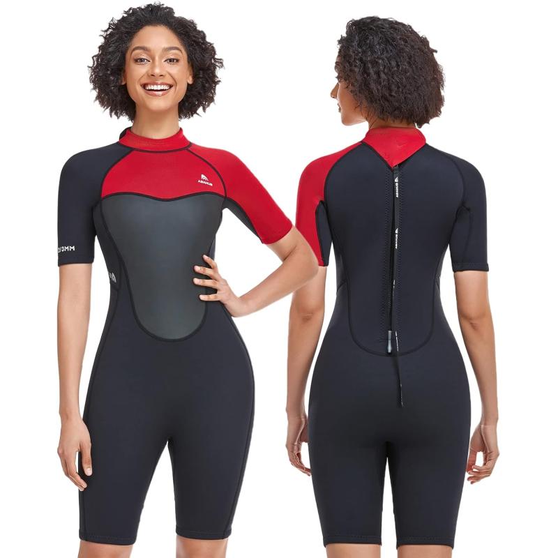 Abahub 23mm Men and Women Shorty Wetsuits 7 Sizes FrontBack Zip Spring Suit for Snorkeling Surfing Kayaking Scuba Diving Short Sleeve Neoprene Wet Suit for Water SportsRedWomen