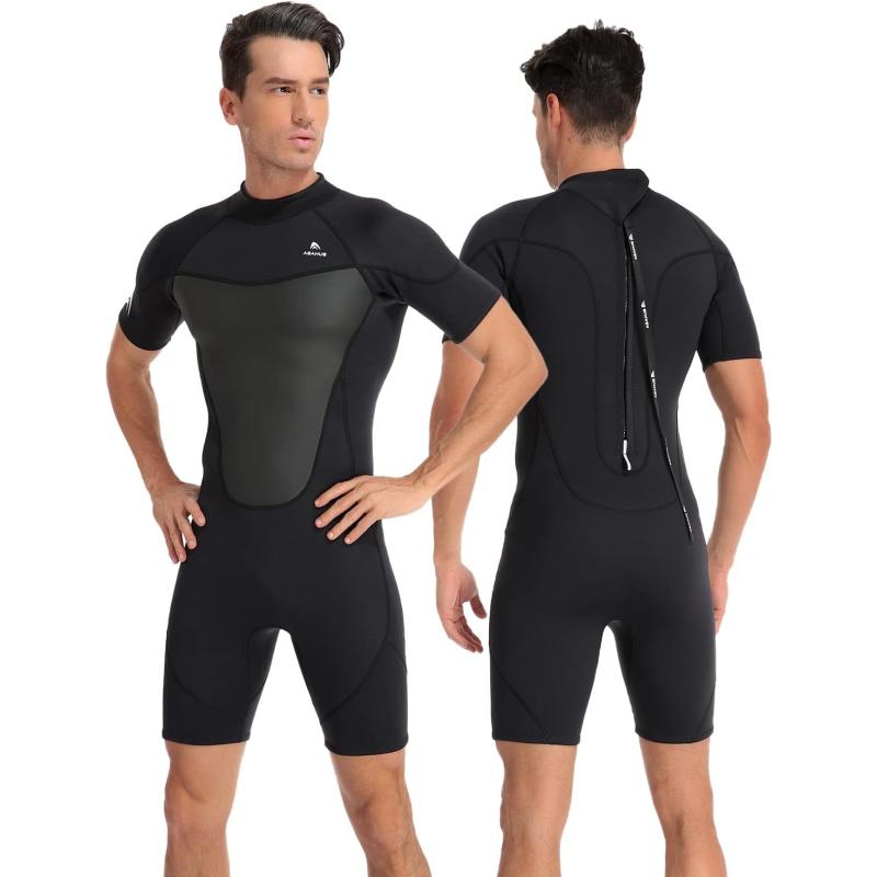 Abahub 23mm Men and Women Shorty Wetsuits 7 Sizes FrontBack Zip Spring Suit for Snorkeling Surfing Kayaking Scuba Diving Short Sleeve Neoprene Wet Suit for Water SportsBlackMen