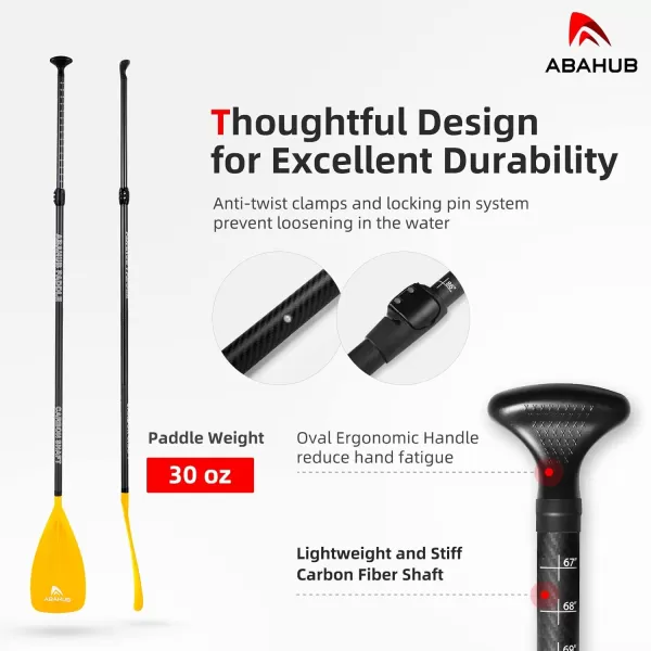 Abahub 1 x 3 Section Carbon Fiber SUP Paddle Adjustable 6786 Stand Up Paddle Lightweight Carbon Shaft BlackBlueYellowGreenOrangeRed Plastic Blade  Paddle BagYellowSUP Paddle