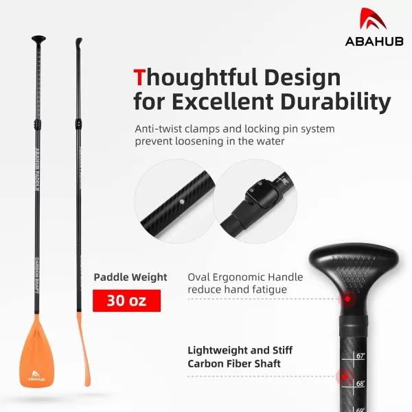 Abahub 1 x 3 Section Carbon Fiber SUP Paddle Adjustable 6786 Stand Up Paddle Lightweight Carbon Shaft BlackBlueYellowGreenOrangeRed Plastic Blade  Paddle BagOrangeSUP Paddle