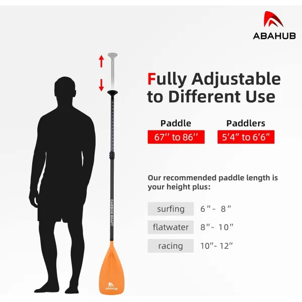 Abahub 1 x 3 Section Carbon Fiber SUP Paddle Adjustable 6786 Stand Up Paddle Lightweight Carbon Shaft BlackBlueYellowGreenOrangeRed Plastic Blade  Paddle BagOrangeSUP Paddle