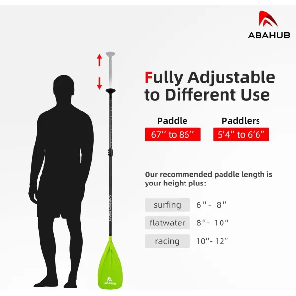Abahub 1 x 3 Section Carbon Fiber SUP Paddle Adjustable 6786 Stand Up Paddle Lightweight Carbon Shaft BlackBlueYellowGreenOrangeRed Plastic Blade  Paddle BagGreenSUP Paddle