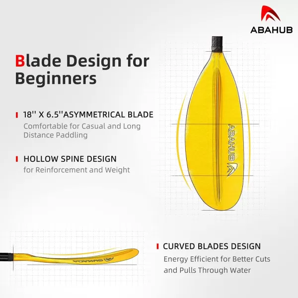 Abahub 1 x Carbon Kayak Paddles 905 Inches Kayaking Oars for Boating Canoeing with Free Paddle Leash Carbon Fiber Shaft BlackBlueGreenOrangeYellowWhiteRed Plastic Bladesyellow