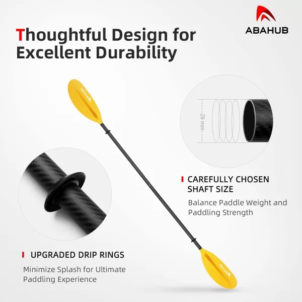 Abahub 1 x Carbon Kayak Paddles 905 Inches Kayaking Oars for Boating Canoeing with Free Paddle Leash Carbon Fiber Shaft BlackBlueGreenOrangeYellowWhiteRed Plastic Bladesyellow