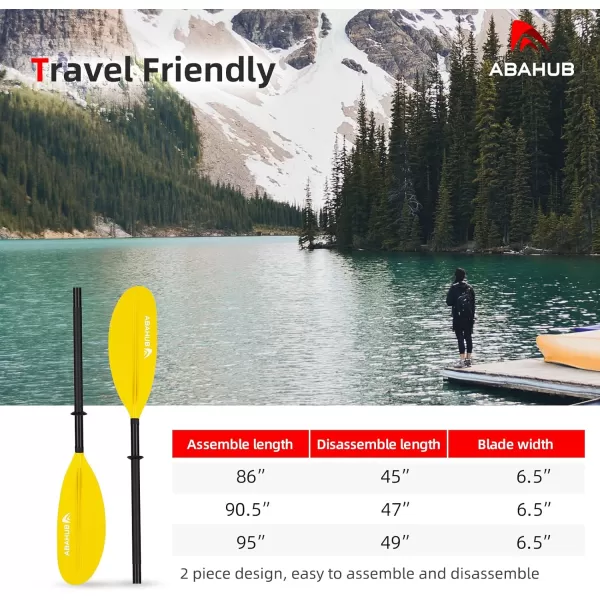 Abahub 1 x Kayak Paddles 905 Inches Kayaking Oars for Boating Canoeing with Free Paddle Leash Aluminum Alloy Shaft BlackBlueGreenOrangeYellow Plastic Bladesyellow