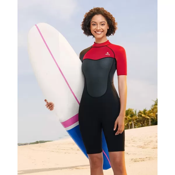 Abahub 23mm Men and Women Shorty Wetsuits 7 Sizes FrontBack Zip Spring Suit for Snorkeling Surfing Kayaking Scuba Diving Short Sleeve Neoprene Wet Suit for Water SportsRedWomen