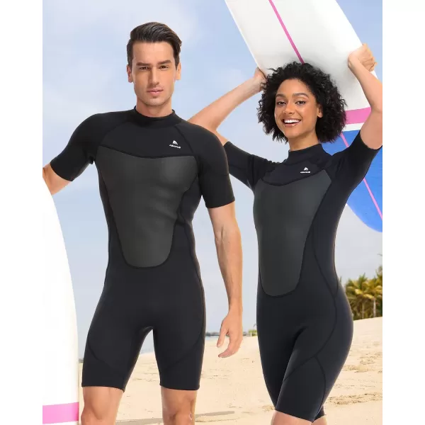 Abahub 23mm Men and Women Shorty Wetsuits 7 Sizes FrontBack Zip Spring Suit for Snorkeling Surfing Kayaking Scuba Diving Short Sleeve Neoprene Wet Suit for Water SportsBlackMen