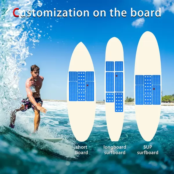 Abahub 9 Piece Surf Deck Traction Pad Premium EVA with Tail Kicker 3M Adhesive for Surfboard Longboard Shortboard Funboard Fish Skimboard BlackBlueBrownGrayWhiteOrangeNavy Blue6 pcsBlue