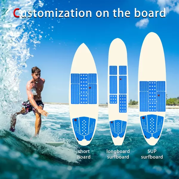 Abahub 9 Piece Surf Deck Traction Pad Premium EVA with Tail Kicker 3M Adhesive for Surfboard Longboard Shortboard Funboard Fish Skimboard BlackBlueBrownGrayWhiteOrangeNavy Blue9 pcsBlue
