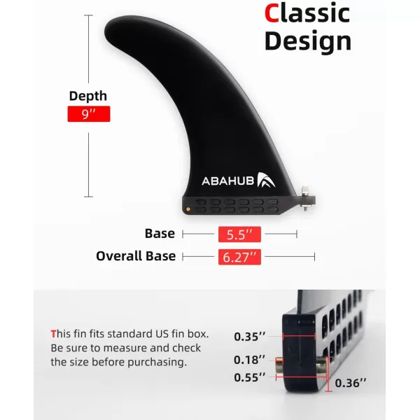 Abahub 9 SUP Single Center Fin No Tool Fin Screw Fiberglass Reinforeced 9 inch SUP Replacement Fins for Surfboard Standup Paddle Board Longboard BlackBlueWhiteblack
