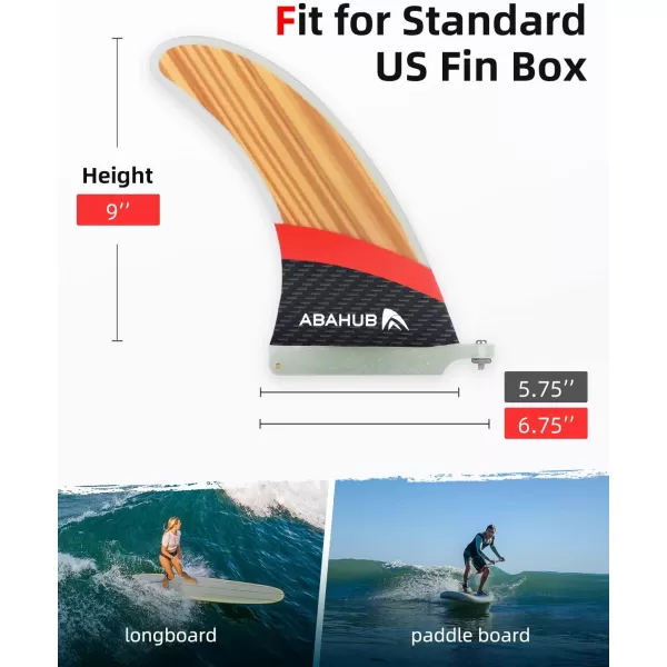 Abahub 9 SUP Single Center Fin No Tool Fin Screw Fiberglass Reinforeced 9 inch SUP Replacement Fins for Surfboard Standup Paddle Board Longboard BlackBlueWhiteFiberglass with Teak Veneer