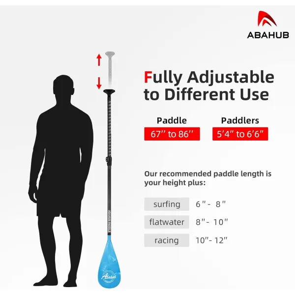 Abahub Carbon SUP Paddles 1 x 3 Section Adjustable 67quot  86quot Carbon Fiber Shaft Lightweight Standup Paddle Oars for Paddleboards with a Carrying BagCarbon Fiber Shaft  Blue Wave Print Plastic Blade