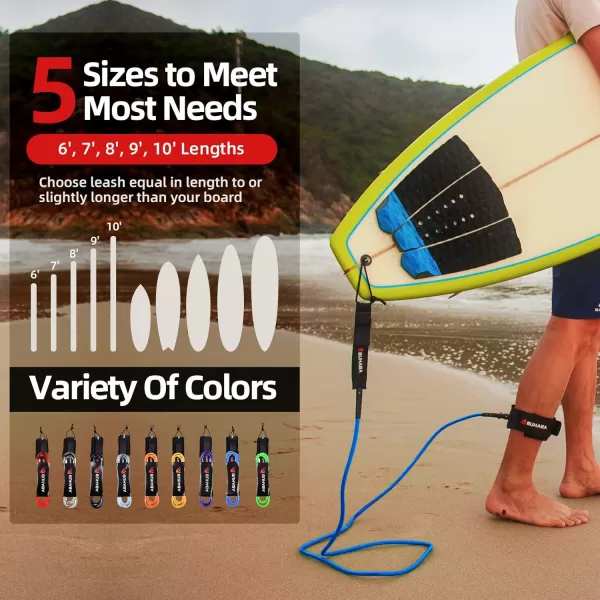Abahub Premium Surfboard Leash 678910 ft Straight Surf Board Leashes 67mm Legrope Strap for Shortboard LongboardBlue
