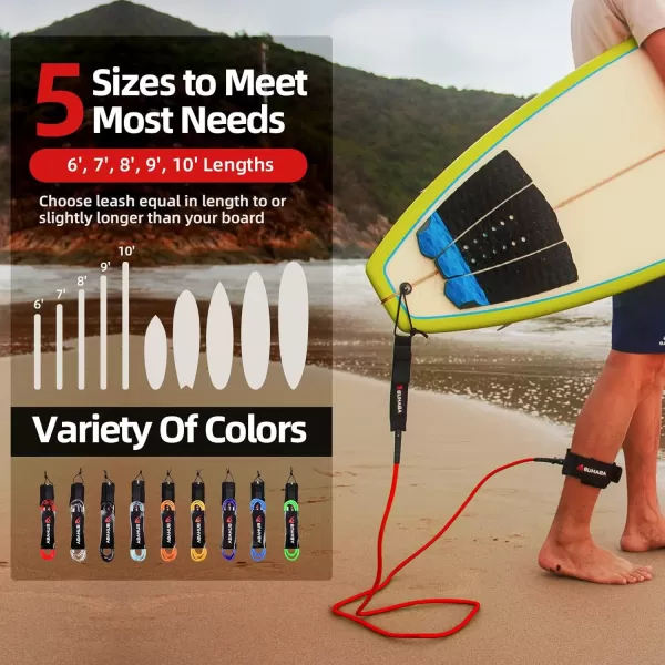 Abahub Premium Surfboard Leash 678910 ft Straight Surf Board Leashes 67mm Legrope Strap for Shortboard LongboardClear Red