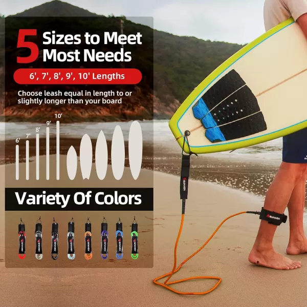 Abahub Premium Surfboard Leash 678910 ft Straight Surf Board Leashes 67mm Legrope Strap for Shortboard LongboardOrange