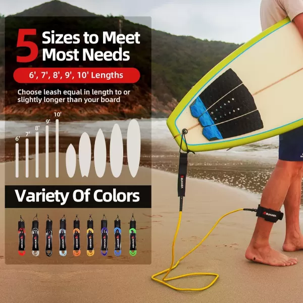 Abahub Premium Surfboard Leash 678910 ft Straight Surf Board Leashes 67mm Legrope Strap for Shortboard LongboardYellow