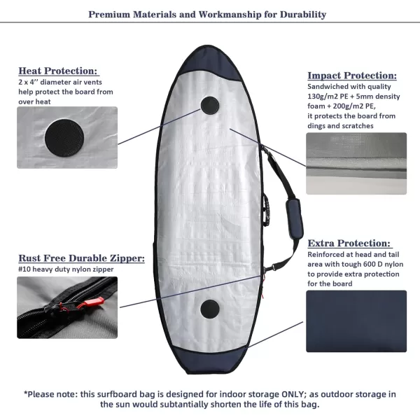 Abahub Premium Surfboard Travel Bag Foam Padded Surf Board Cover Shortboard Carrying Bags for Surfing Outdoor Airplane Car Truck60 66 70 76 80 86 90 96 100Dark Blue