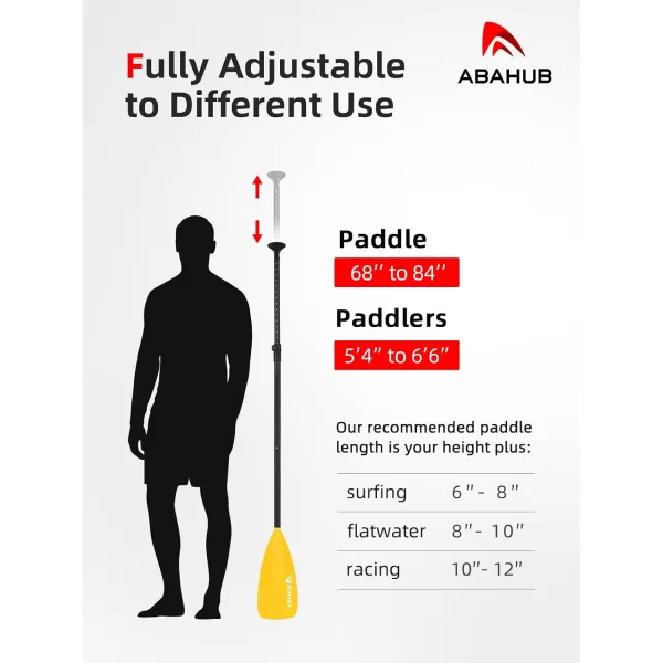 Abahub SUP Paddle  3 Piece Adjustable Paddles  Lightweight Standup Paddle Oars for Paddleboard Adjustable Aluminum Alloy Shaft 68quot  84quot BlackBlueGreenOrangeRedYellow Plastic Nylon Bladeyellow