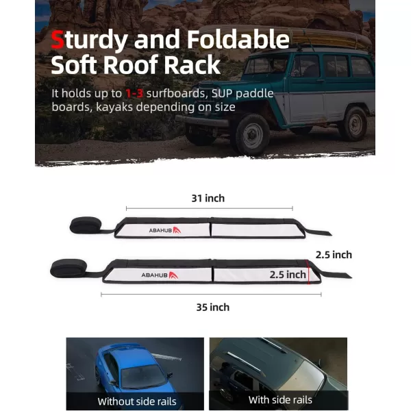 Abahub Soft Roof Rack Pads with 2 Tie Down Straps for Surfboard SUP Kayak Canoe Heavy Duty Universal Car Roof Racks System for Padle Boards Include 2 Tie Down Ropes 2 Hood Loops and Storage BagSoft Roof Rack Pad with Accessories