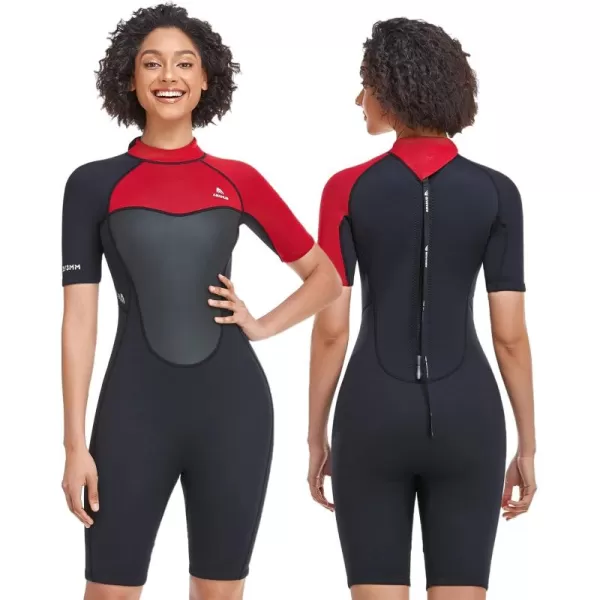 Abahub 23mm Men and Women Shorty Wetsuits 7 Sizes FrontBack Zip Spring Suit for Snorkeling Surfing Kayaking Scuba Diving Short Sleeve Neoprene Wet Suit for Water SportsRedWomen