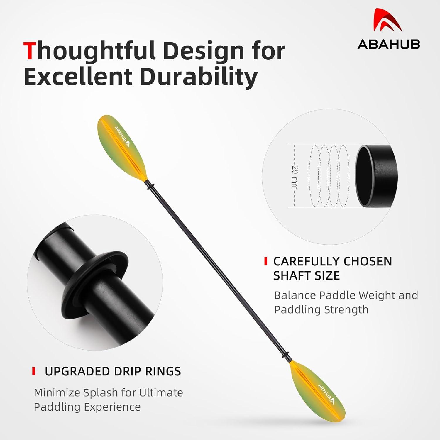 imageAbahub Kayak Paddle 905 Inches Kayaking Oars for Boating Canoeing with Free Paddle Leash Aluminum Alloy Shaft BlackBlueGreenOrangeYellow Plastic BladesGradient Yellow Print