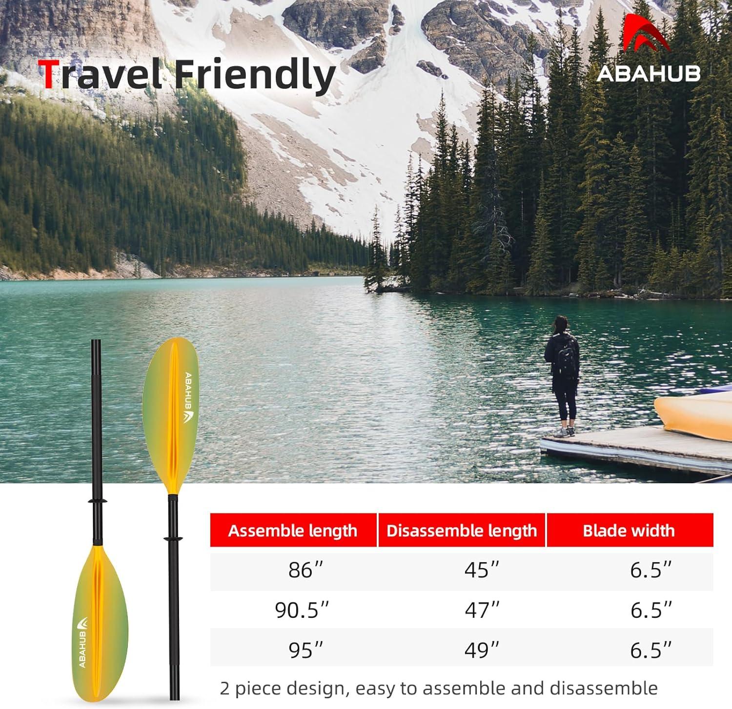 imageAbahub Kayak Paddle 905 Inches Kayaking Oars for Boating Canoeing with Free Paddle Leash Aluminum Alloy Shaft BlackBlueGreenOrangeYellow Plastic BladesGradient Yellow Print