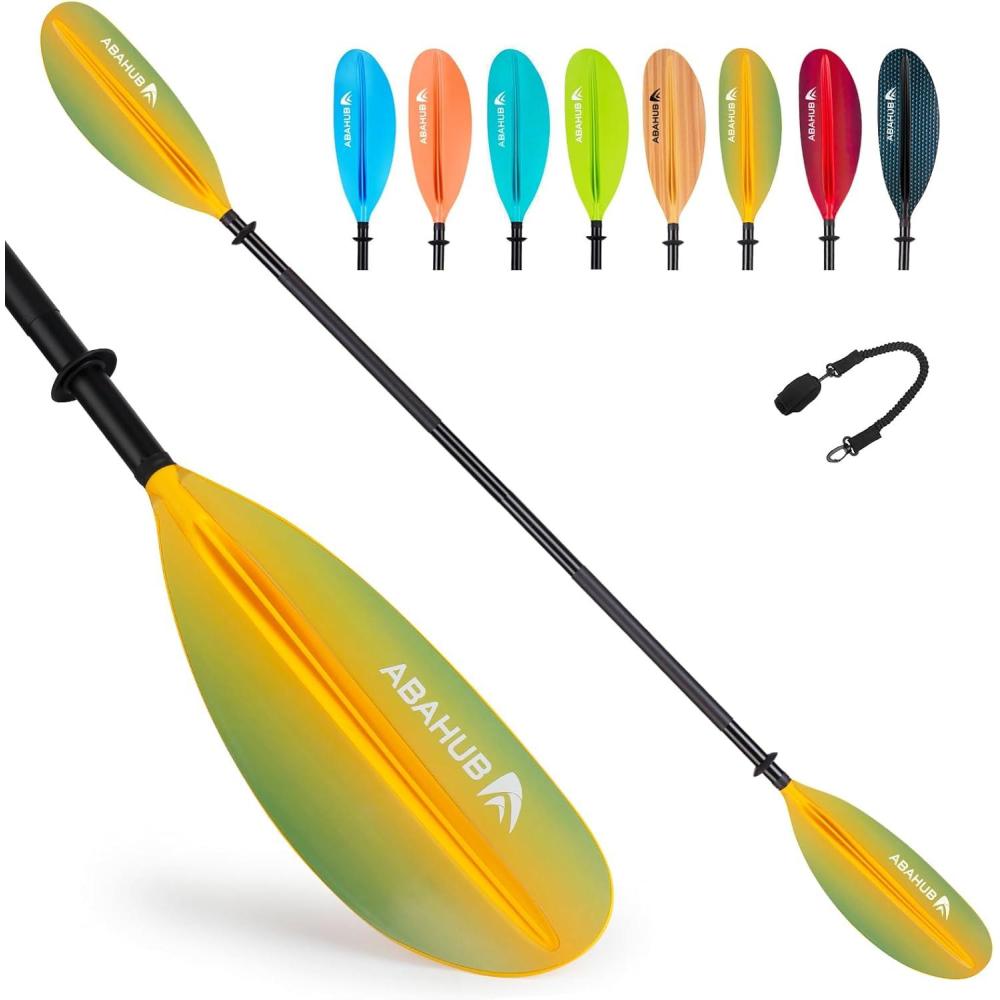 imageAbahub Kayak Paddle 905 Inches Kayaking Oars for Boating Canoeing with Free Paddle Leash Aluminum Alloy Shaft BlackBlueGreenOrangeYellow Plastic BladesGradient Yellow Print