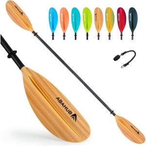 imageAbahub Kayak Paddle 905 Inches Kayaking Oars for Boating Canoeing with Free Paddle Leash Aluminum Alloy Shaft BlackBlueGreenOrangeYellow Plastic BladesWood Print