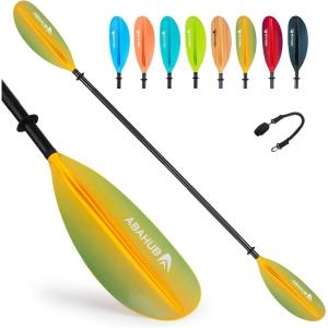 imageAbahub Kayak Paddle 905 Inches Kayaking Oars for Boating Canoeing with Free Paddle Leash Aluminum Alloy Shaft BlackBlueGreenOrangeYellow Plastic BladesGradient Yellow Print