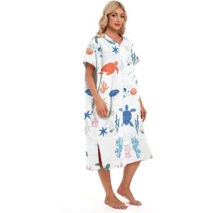 imageAbahub Light Surf Poncho for Adults Quick Dry Microfiber Towel with Hood Compact Packable Cover Up Thick Yet Portable Beach Swim Changing Robe L Green Turtle ZipperedWhite Seabed Zippered