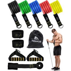 imageAbahub Arm Training Fitness Bands Set Resistance Bands with Handles and Ankle Straps for Woman and Man Set for Strength Training Workout Bands for Arms Exercise Bands for Home GymBasic color