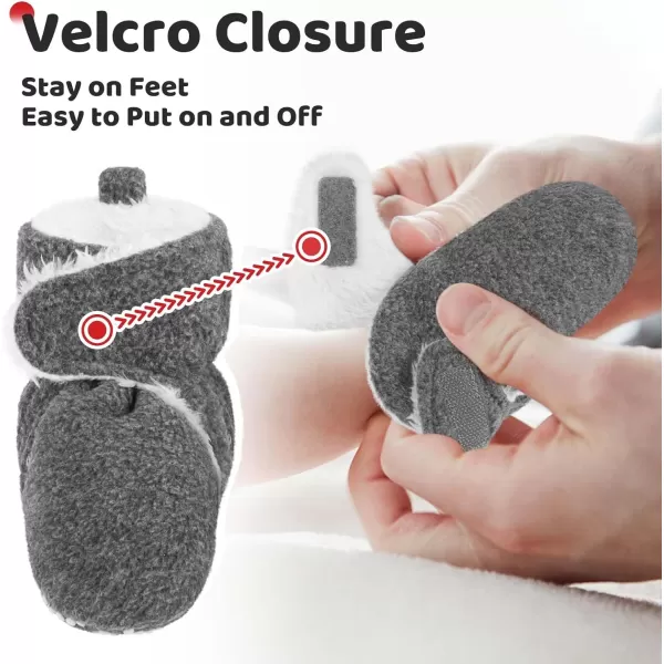 imagePro Goleem Plush fleece Baby Booties Warm Soft Baby Slippers Stay On Sock Shoes Easy to Put on Cozy NonSlip Adjustable Newborn Boots for Boys and Girls Unisex Baby GiftsGrey