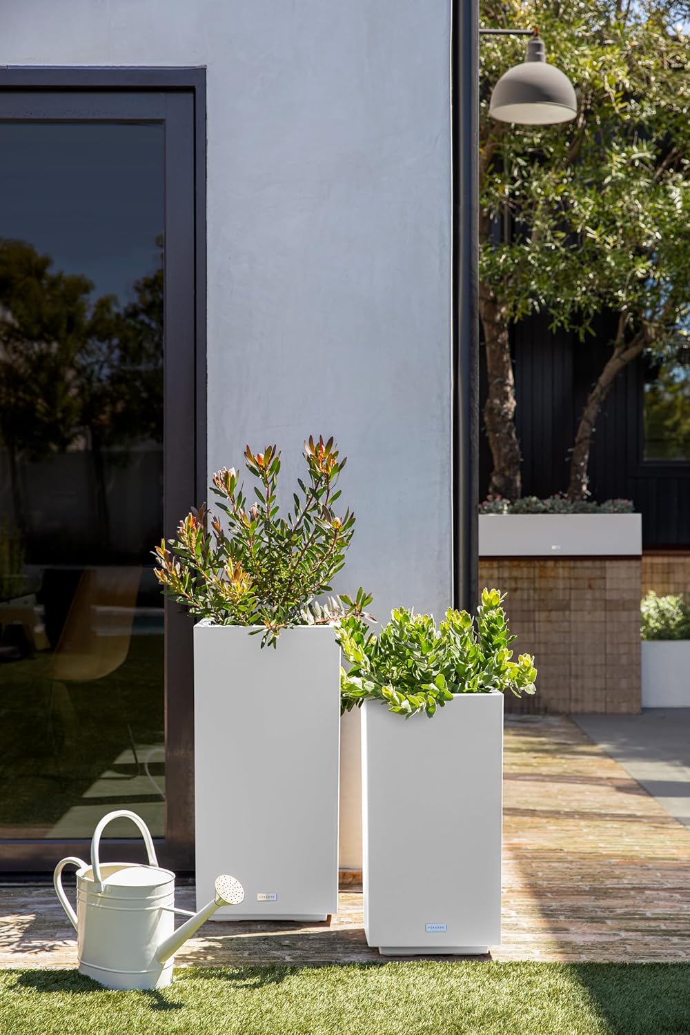 imageVeradek Block Series Pedestal Planter  Tall Planter for Indoor or Outdoor Front Porch  AllWeather Use with Removable Insert Bucket  Modern Dcor for Flowers Tall Trees Faux PlantsWhite