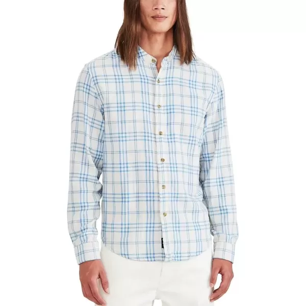 imageDockers Mens Regular Fit Long Sleeve Band Collar ShirtEgret Cream Blue  Zuma Plaid Doublecloth