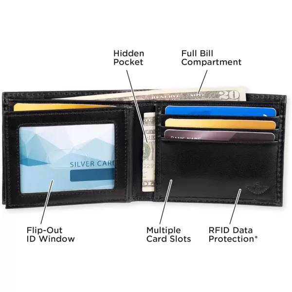 imageDockers Mens Extra Capacity Bifold Wallet with ID Window and Multiple Card SlotsBlack Emboss