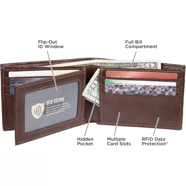 imageDockers Mens Extra Capacity Bifold Wallet with ID Window and Multiple Card SlotsBrown