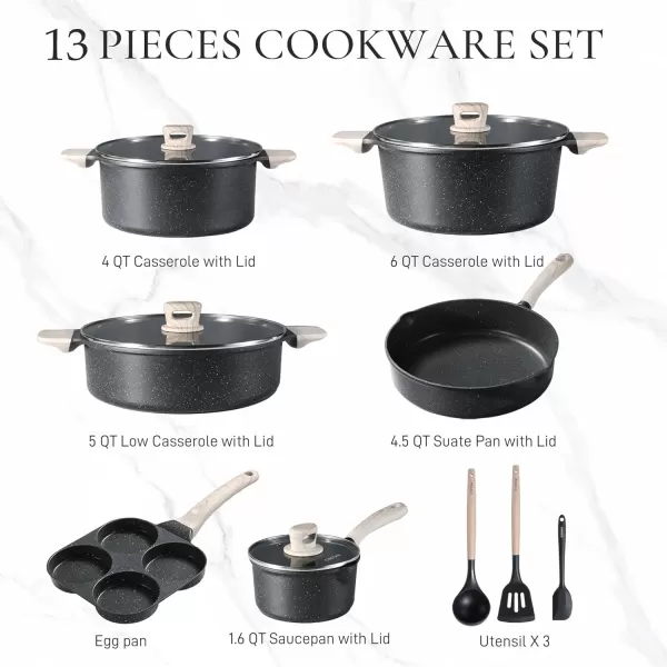 imageCAROTE 11 Piece Pots and Pans Ceramic Cookware Non Stick Health Induction Cookware Kitchen Cooking Set with Saucepan Set PFAS FreeBlack