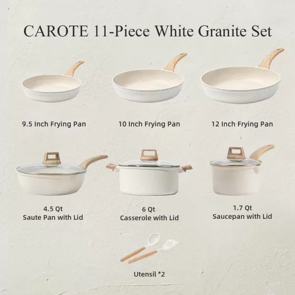 imageCAROTE 11 Piece Pots and Pans Ceramic Cookware Non Stick Health Induction Cookware Kitchen Cooking Set with Saucepan Set PFAS FreeCream White