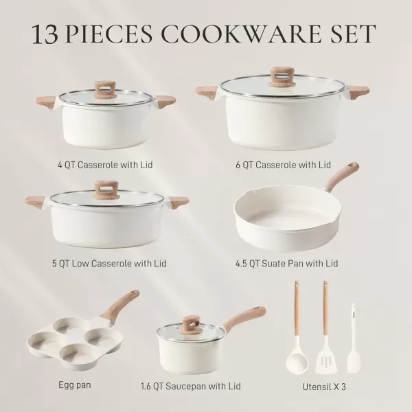 imageCAROTE 11 Piece Pots and Pans Ceramic Cookware Non Stick Health Induction Cookware Kitchen Cooking Set with Saucepan Set PFAS FreeCream White