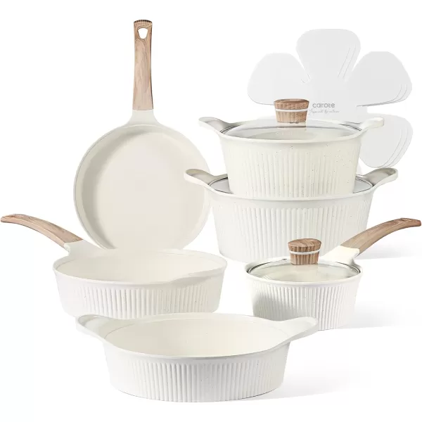 imageCAROTE 11 Piece Pots and Pans Ceramic Cookware Non Stick Health Induction Cookware Kitchen Cooking Set with Saucepan Set PFAS FreeCream White
