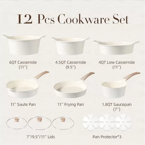 imageCAROTE 11 Piece Pots and Pans Ceramic Cookware Non Stick Health Induction Cookware Kitchen Cooking Set with Saucepan Set PFAS FreeCream White