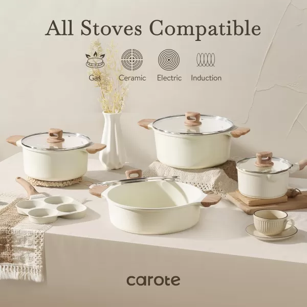 imageCAROTE 11 Piece Pots and Pans Ceramic Cookware Non Stick Health Induction Cookware Kitchen Cooking Set with Saucepan Set PFAS FreeCream White