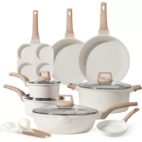 imageCAROTE 11 Piece Pots and Pans Ceramic Cookware Non Stick Health Induction Cookware Kitchen Cooking Set with Saucepan Set PFAS FreeCream White